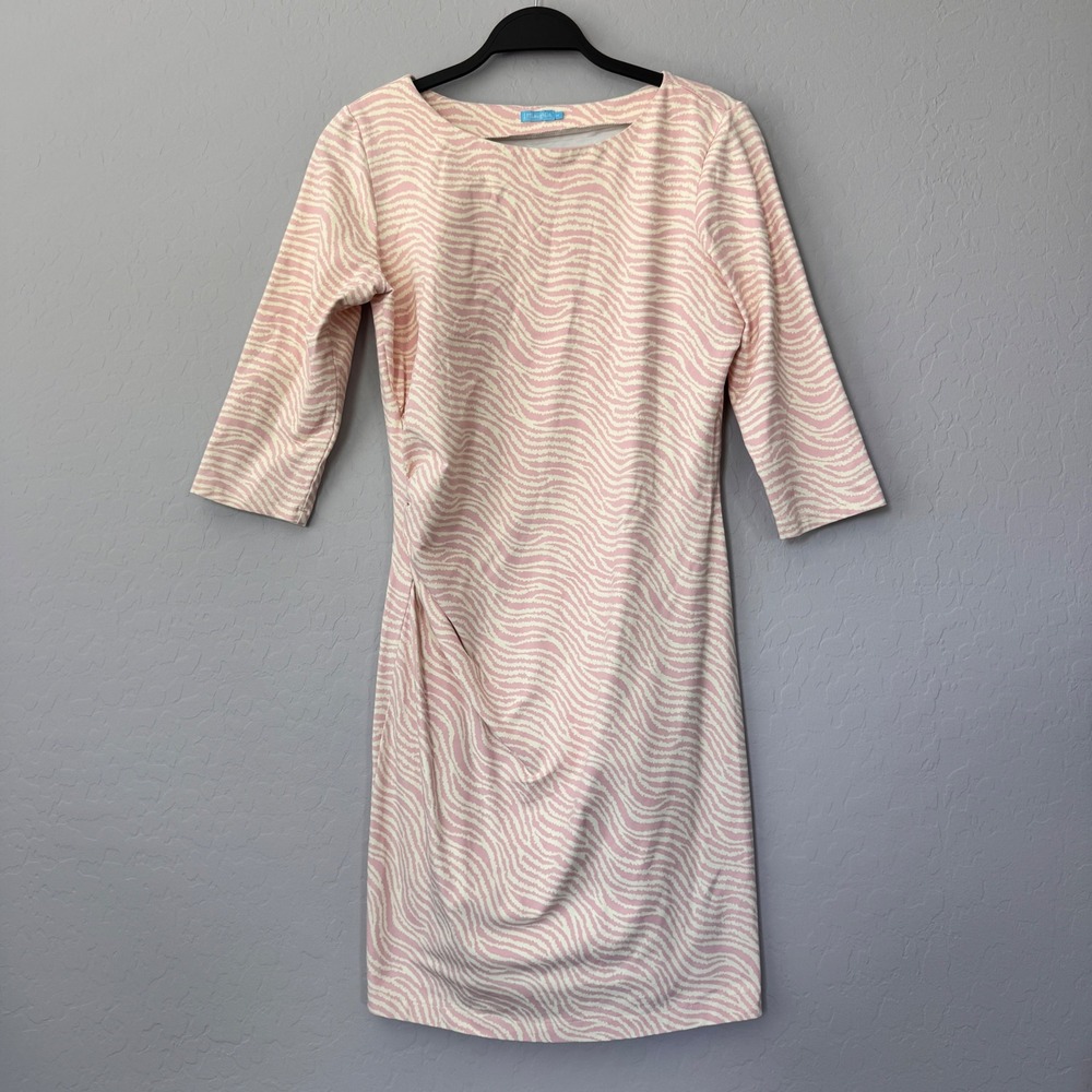 J. McLaughlin Ruched Sheath Dress Pink Zebra Print 3/4 Sleeve Medium‎